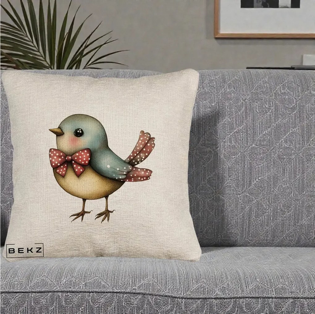 Perna Decorativa Pasare Bleu cu Fundita Rosie, 40x40 cm, Bej Canapea, Husa Detasabila, Perna Inclusa, BEKZ®