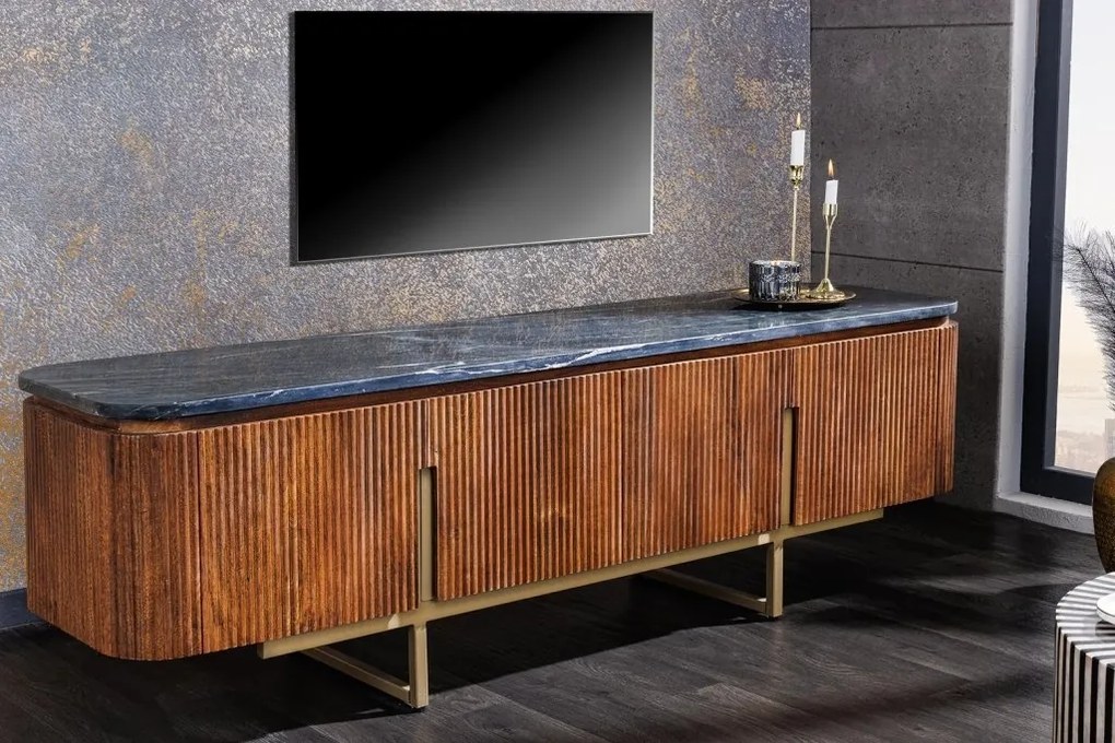 Comoda TV design retro Gatsby 160cm Mango/ marmura neagra