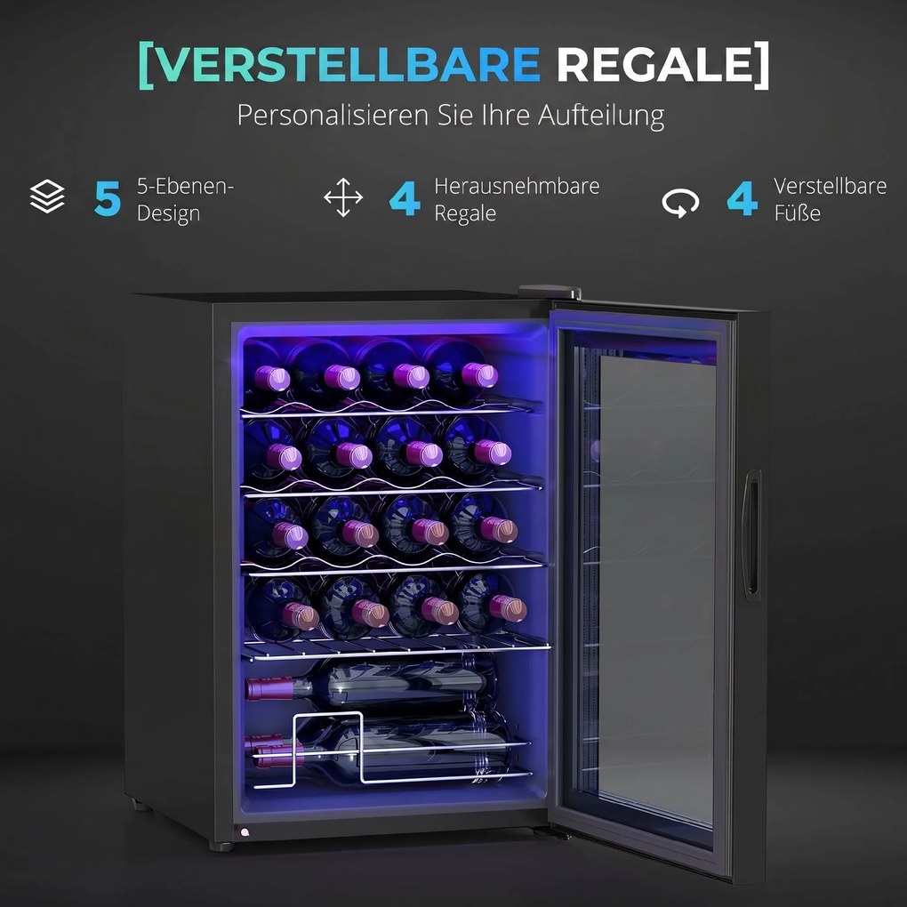 HOMCOM Frigider pentru Vinuri de 20 Sticle cu Temperatură Unică 5-18°C, Geam Anti-UV și Rafturi Reglabile, 43x45x64 cm, Negru | Aosom Romania