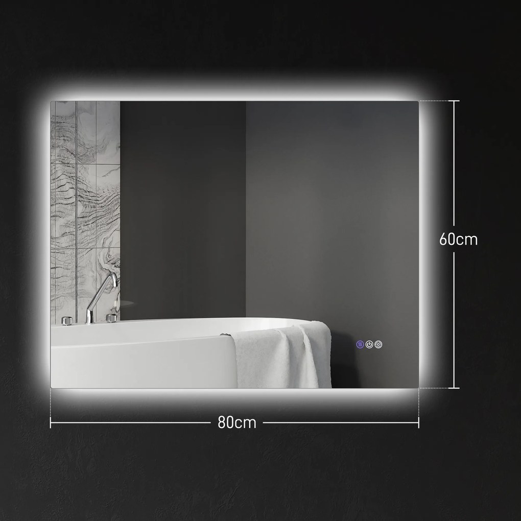 HOMCOM Oglindă de Baie LED cu Ramă, Anti-Abur, 3 Temperaturi de Culoare și Memorie, 80x60x4 cm, Transparent | Aosom Romania
