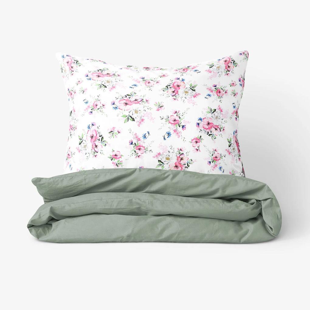 Goldea lenjerie de pat din 100% bumbac duo - sakura roz cu petale cu verde salvie 200 x 200 și 2buc 50 x 70 cm (din două bucăți, cusătură pe mijloc)