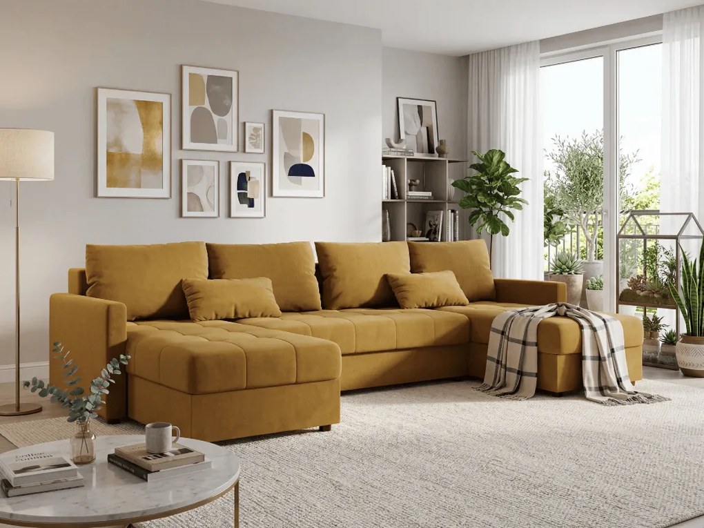 Coltar extensibil in forma de U VENORIA, mustar, 285x146 cm + 2 perne GRATUIT