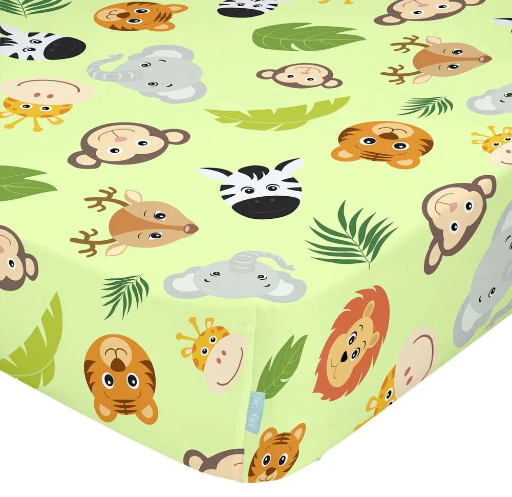 Cearceaf elastic din bumbac Mr. Fox Wild, 70 x 140 cm, verde