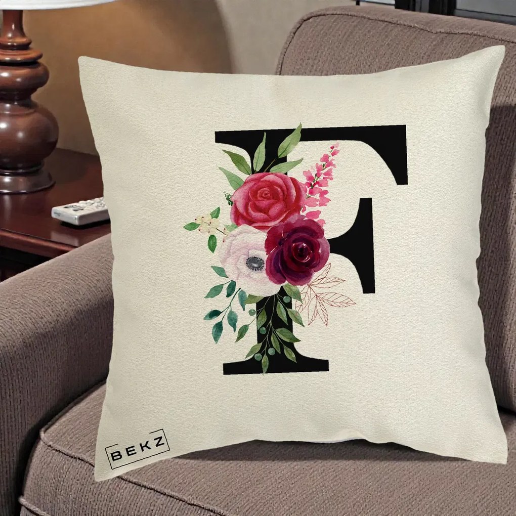 Cadou Personalizat - Perna Personalizata Monograma Florala Litera F, 40x40 cm, Ecru, Husa Detasabila, Perna Inclusa, BEKZ®