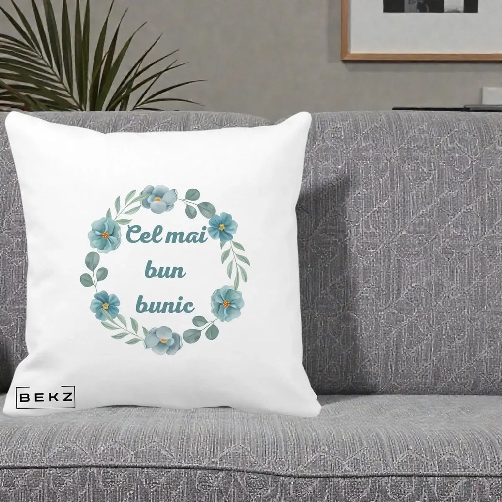 Cadou pentru Bunic - Perna Personalizata Cel Mai Bun Bunic Coronita Flori Albastre Teal, 40x40 cm, Alba Mata, Husa Detasabila, Perna Inclusa, BEKZ®