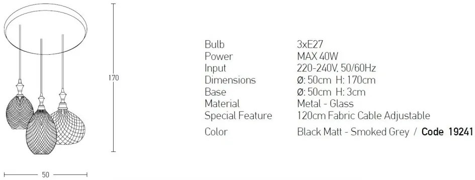 Lustra cu 3 pendule design modern Venur negru mat, gri