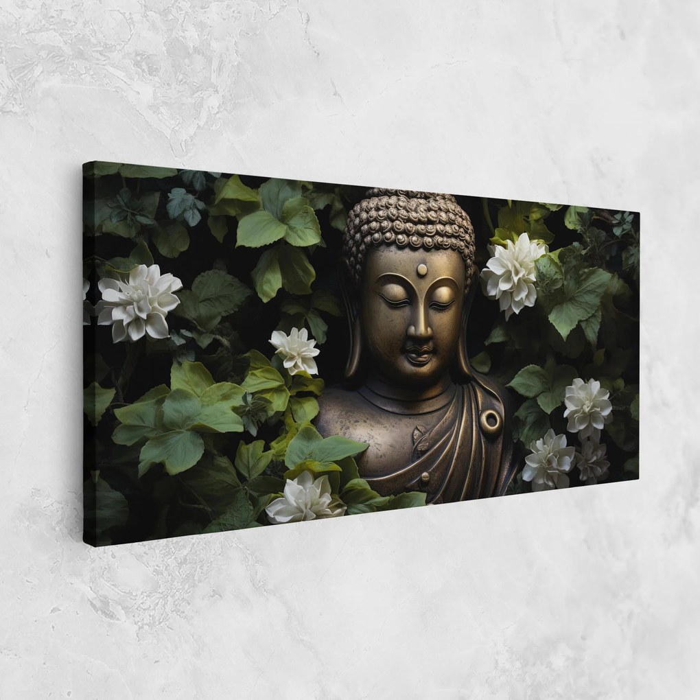 Tablou Canvas, 50x100cm, Dormitor si Living, Moderne, Buddha, White Flowers Buddha