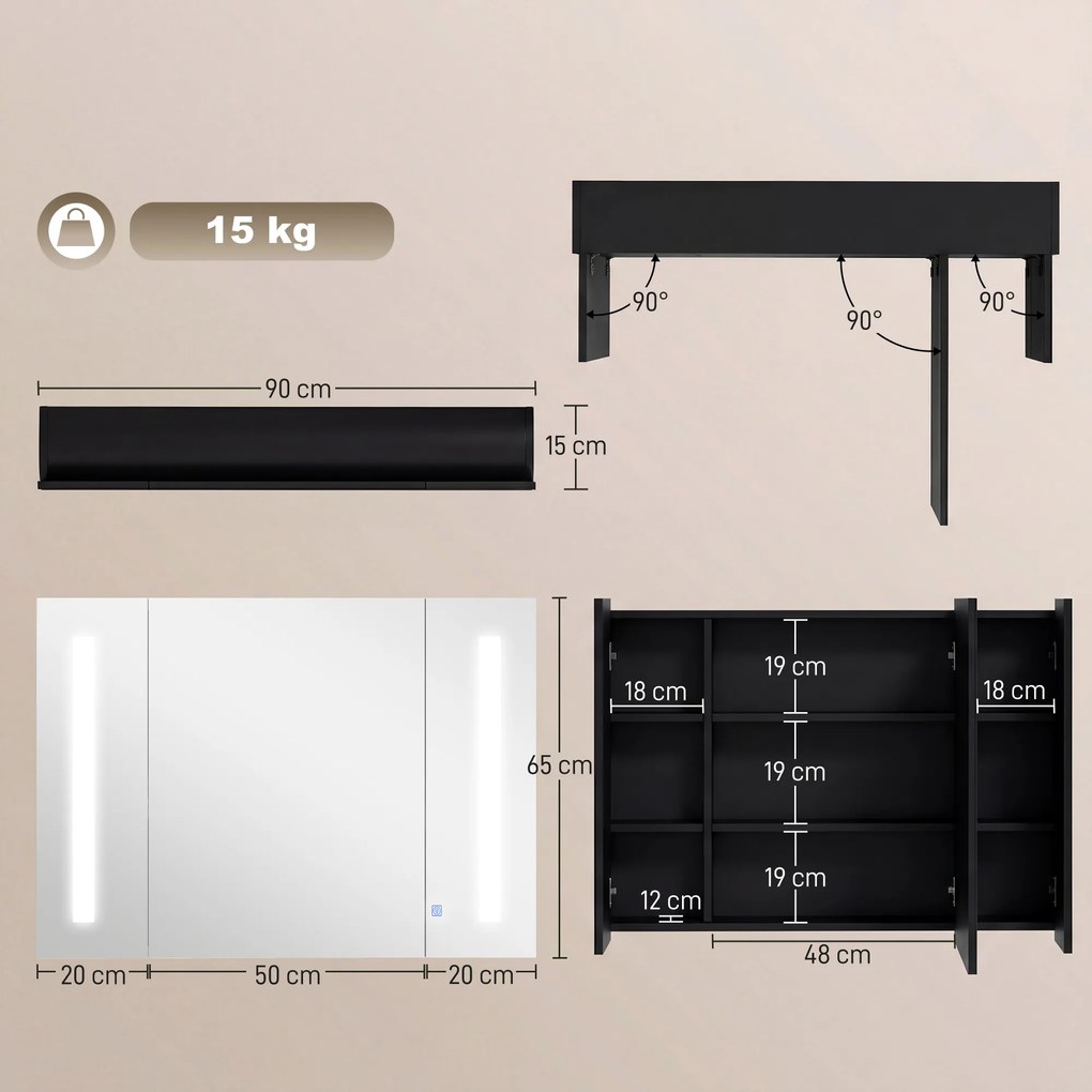 Dulap de baie LED cu oglinda Kleankin, Organizator de depozitare reglabil montat pe perete cu 3 usi cu oglinda si rafturi reglabile, Functie de memorare, incarcare USB, Negru lucios | Aosom Romania