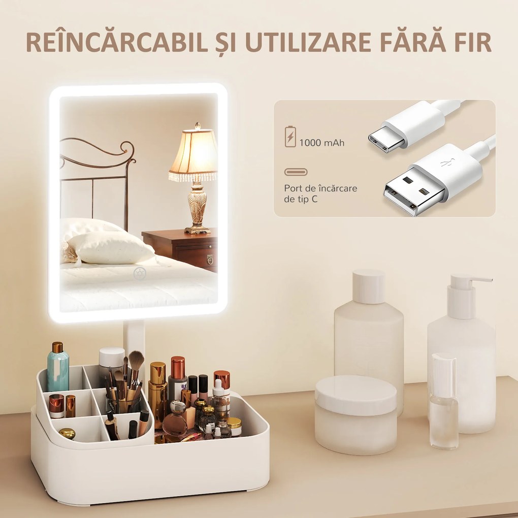 HOMCOM Oglindă Machiaj cu LED-uri, Oglindă Vanity Reîncărcabilă cu Ecran Touch, 2 Moduri de Iluminare și Rotire 180°, Alb | Aosom Romania