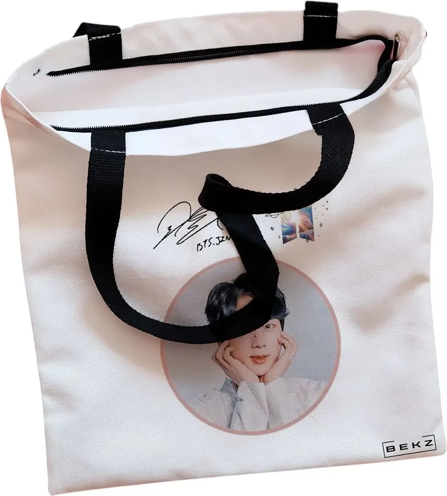 Sacosa de Panza pentru Cumparaturi, Geanta Tote, model BTS Jin, Cu fermoar, 38x34.5 cm, Alba, BEKZ®