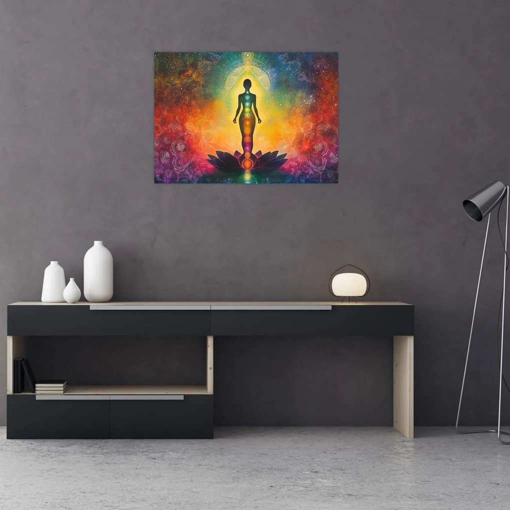 Tablou pe sticlă - Femeie și chakre (70x50 cm)