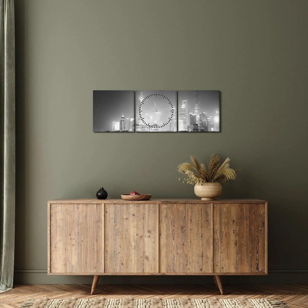 Tablou cu zgârăie nori moderene (cu ceas) (90x30 cm)