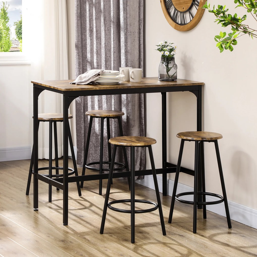 HOMCOM Scaune bar si Masa Bar, 5 piese, cu 4 Scaune Rotunde, Economie de Spațiu, Design Rustic Maro, pentru Bucătărie | Aosom Romania
