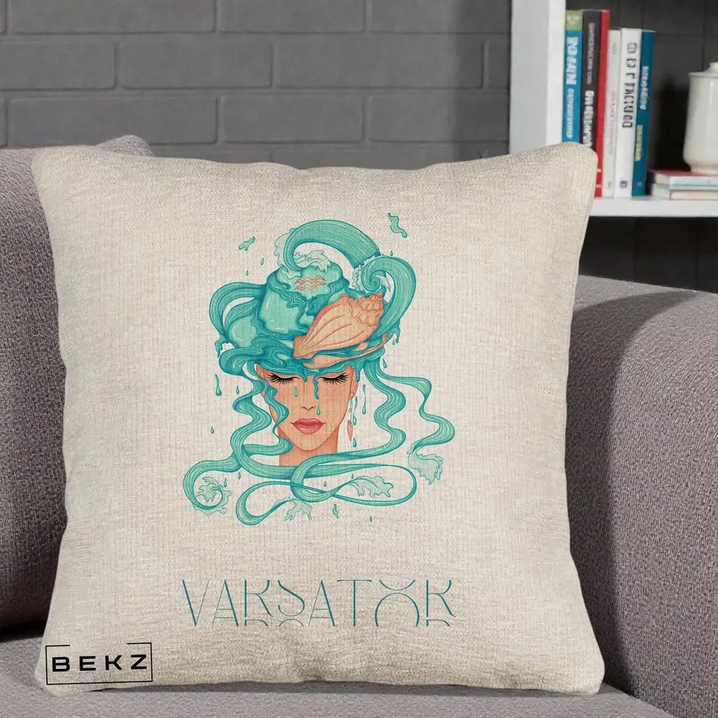Perna Personalizata Zodiac Varsator Cowgirl, 40x40 cm, Bej Canapea, Husa Detasabila, Perna Inclusa, BEKZ®
