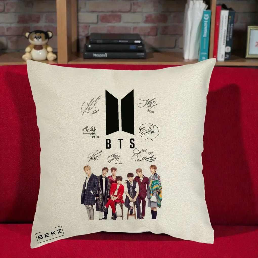 Perna Personalizata K-pop BTS Semnaturi Foto, 40x40 cm, Ecru, Husa Detasabila, Perna Inclusa, BEKZ®