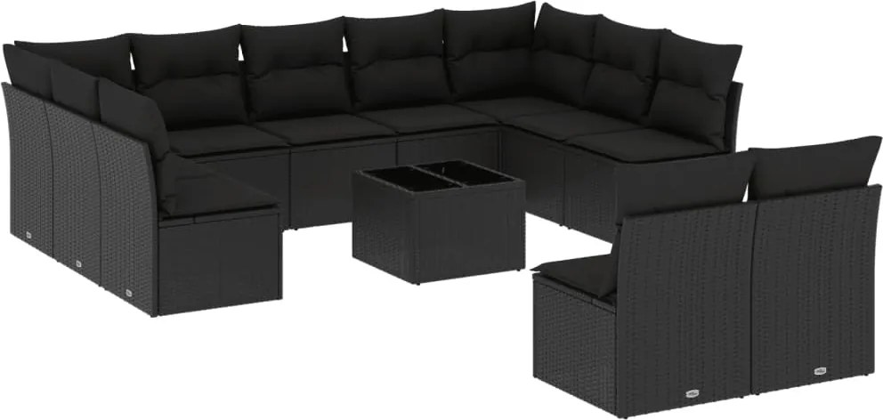 vidaXL Set canapele de grădină, 12 piese, cu perne, negru, poliratan
