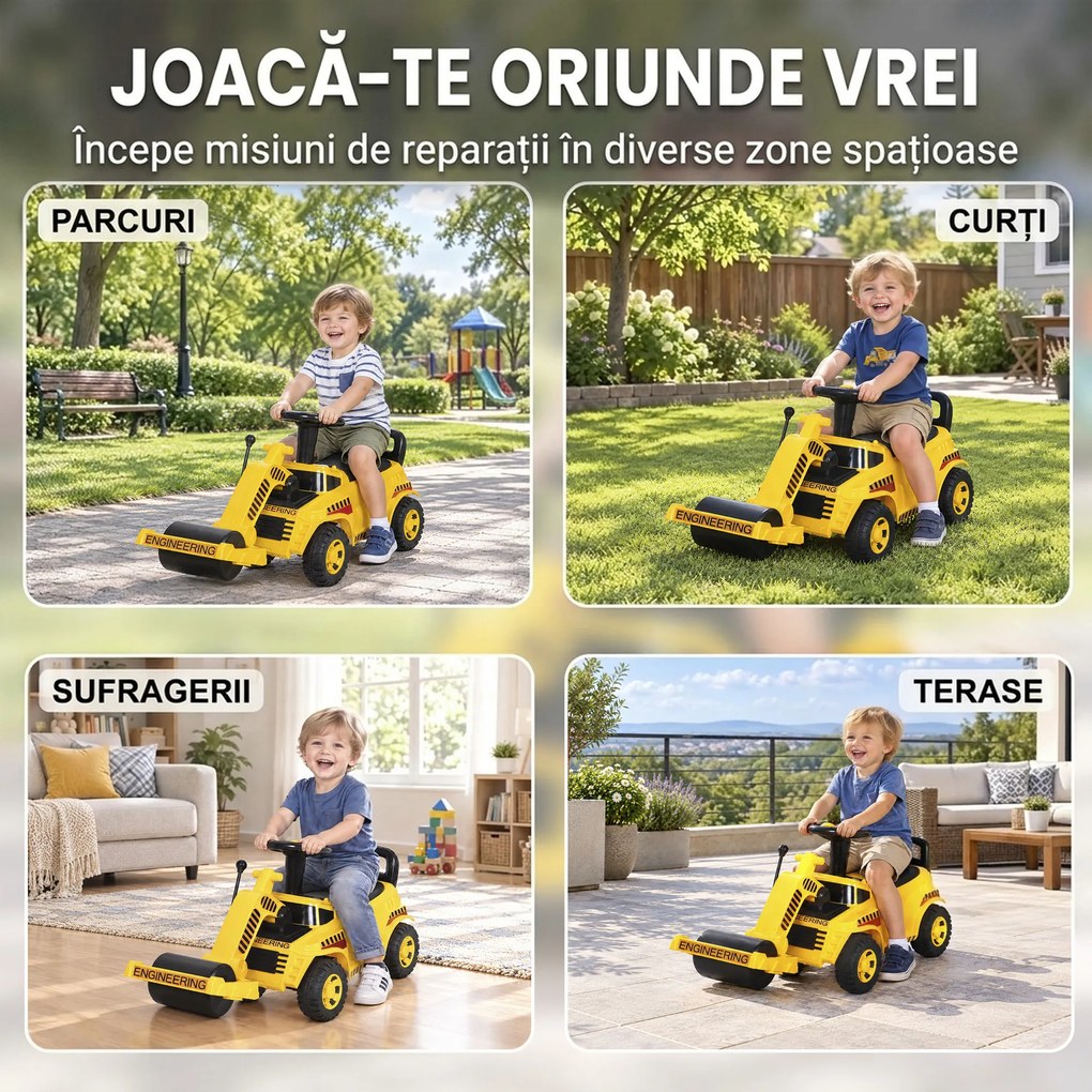AIYAPLAY Compactor Rutier de Călărit pentru Copii 1-4 Ani, cu Rolă Reglabilă, Claxon și Spațiu sub Scaun, Galben | Aosom Romania