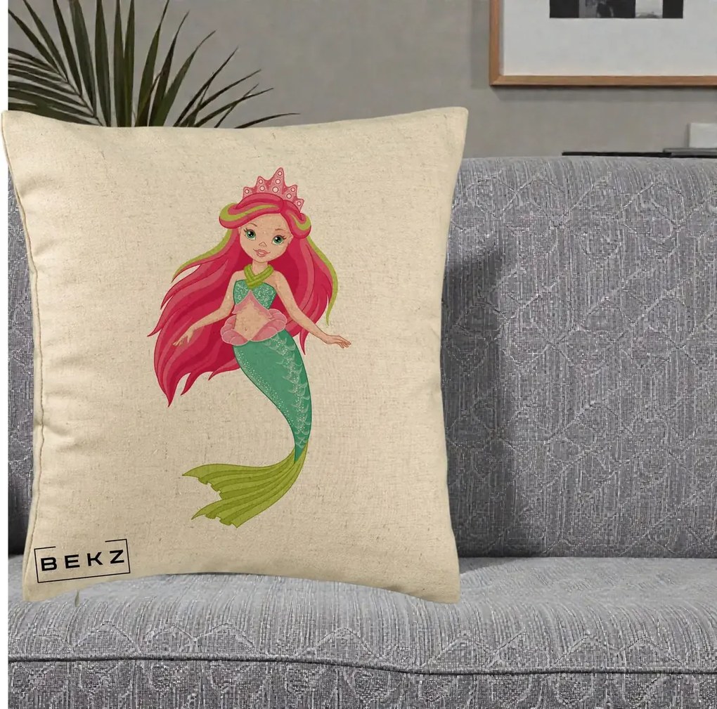 Perna Decorativa Sirena Roz cu Coroana, 40x40 cm, Bej, Husa Detasabila, Perna Inclusa, BEKZ®