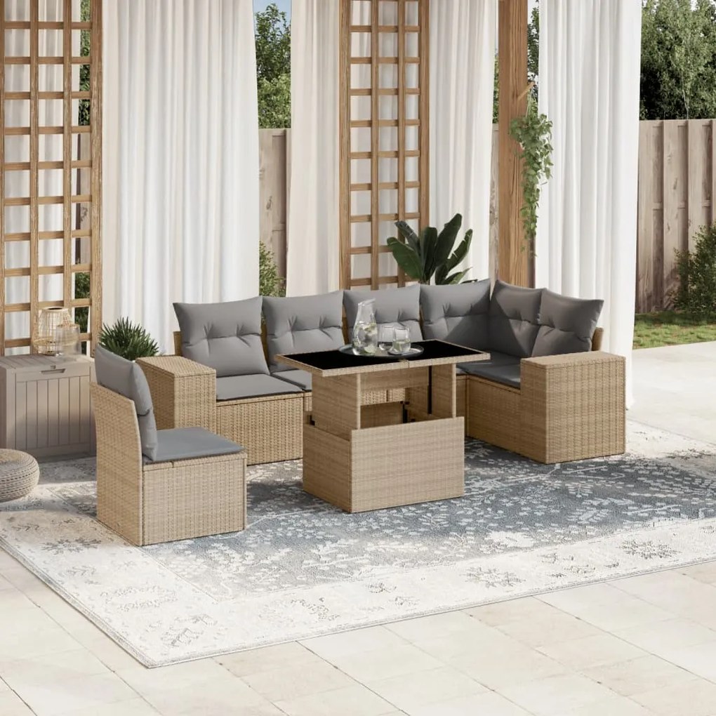 vidaXL Set canapele de grădină, 7 piese, cu perne, bej, poliratan