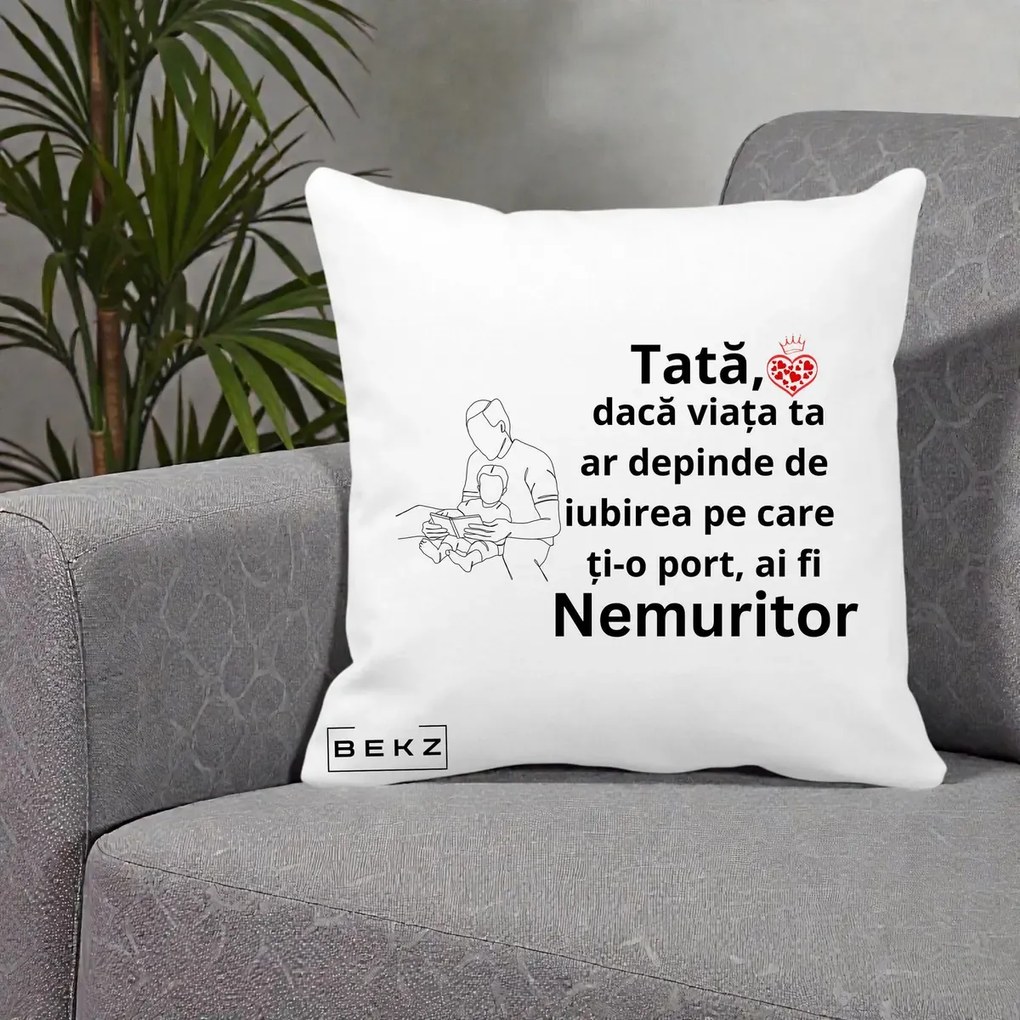 Cadou pentru Tata - Perna Personalizata Tata Nemuritor Lectura, 40x40 cm, Alba Mata, Husa Detasabila, Perna Inclusa, BEKZ®