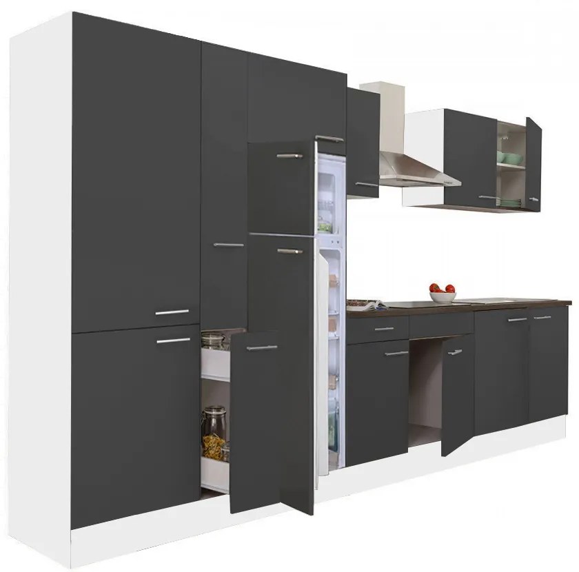 Mobilă de bucătărie Yorki 360 cu corp alb, față antracit satinat, dulap cu rafturi și frigider cu congelator superior