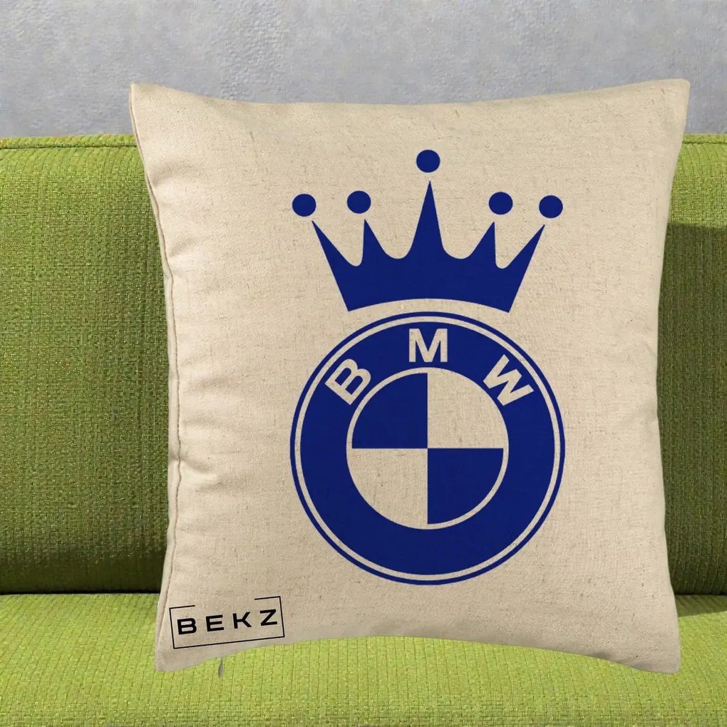 Perna Personalizata cu emblema BMW si Coroana, 40x40 cm, Bej, Husa Detasabila, Perna Inclusa, BEKZ®