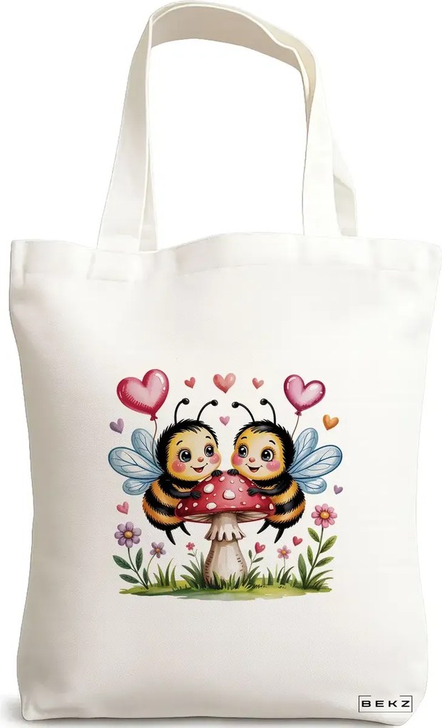 Sacosa de Panza pentru Cumparaturi, Geanta Tote, model Romantic Bees on Mushroom 38 x 34.5 cm, Alba, BEKZ®