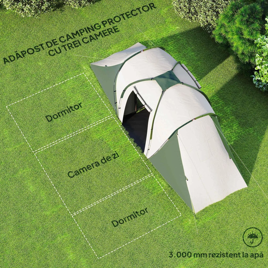 Outsunny Cort de Camping pentru 4-6 Persoane cu 2 Camere, 2 Uși și Geantă de Transport, 555x225x190 cm, Verde | Aosom Romania