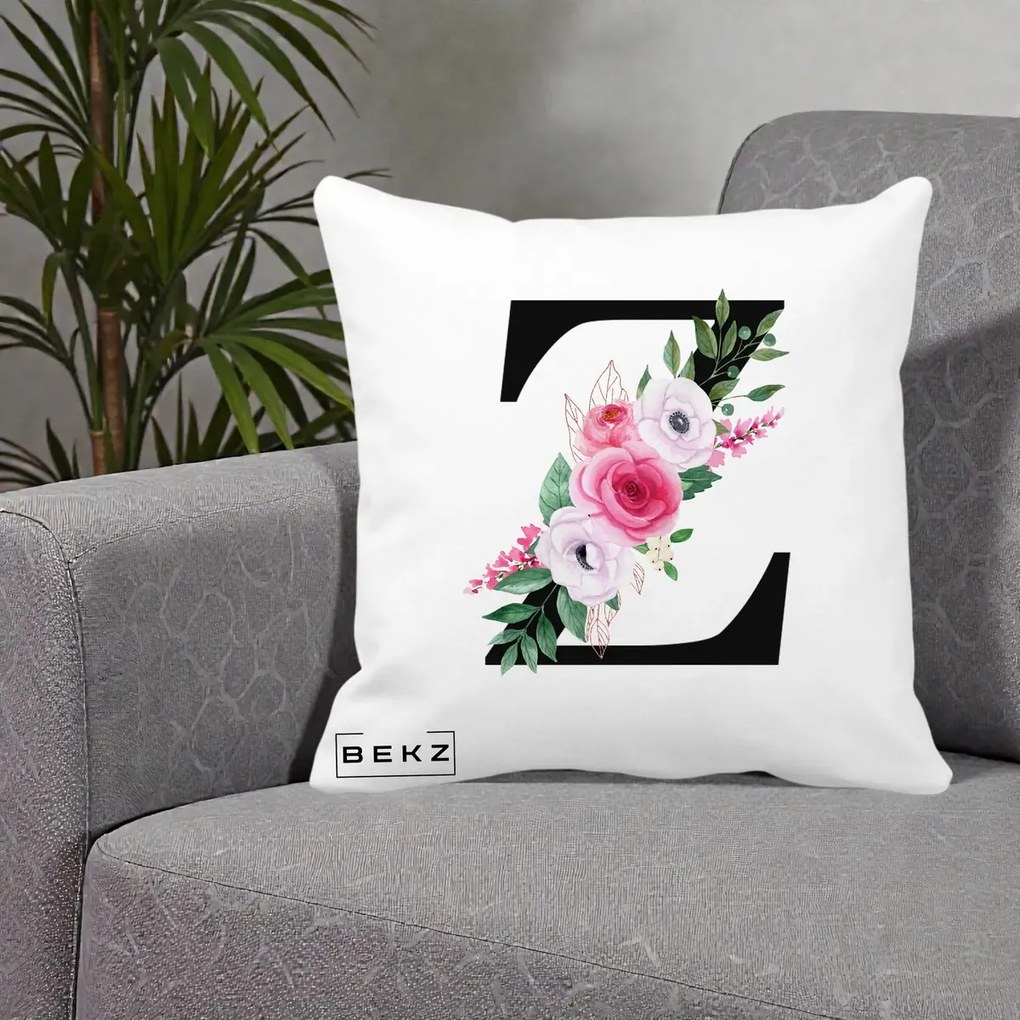 Cadou Personalizat - Perna Personalizata Monograma Florala Litera Z cu Buchet, 40x40 cm, Alba Mata, Husa Detasabila, Perna Inclusa, BEKZ®