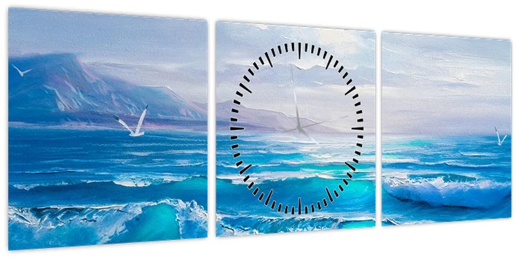 Tablou - Pictură în ulei de mare cu pescăruși (cu ceas) (90x30 cm)