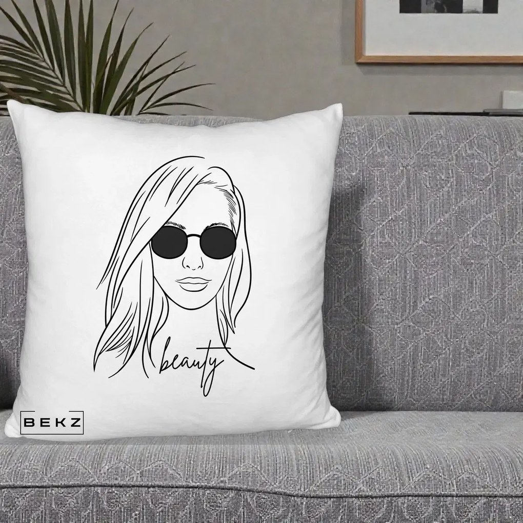 Perna Decorativa Beauty Girl Line Art, 40x40 cm, Alb Pufos, Husa Detasabila, Perna Inclusa, BEKZ®