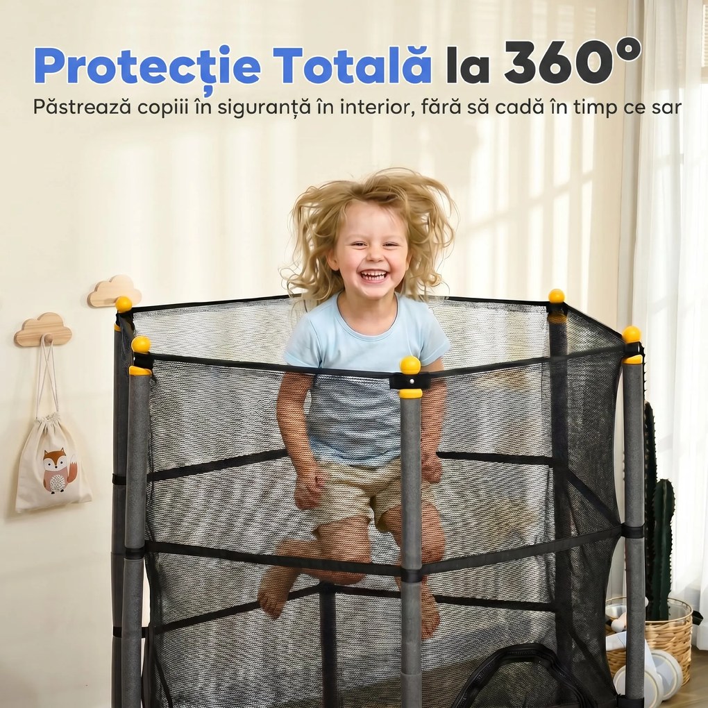 HOMCOM Trambulină pentru Copii 3-10 Ani cu Plasă de Siguranță, Suprafață Elastică cu Bare Capitonate, Ø163x190 cm, Negru | Aosom Romania
