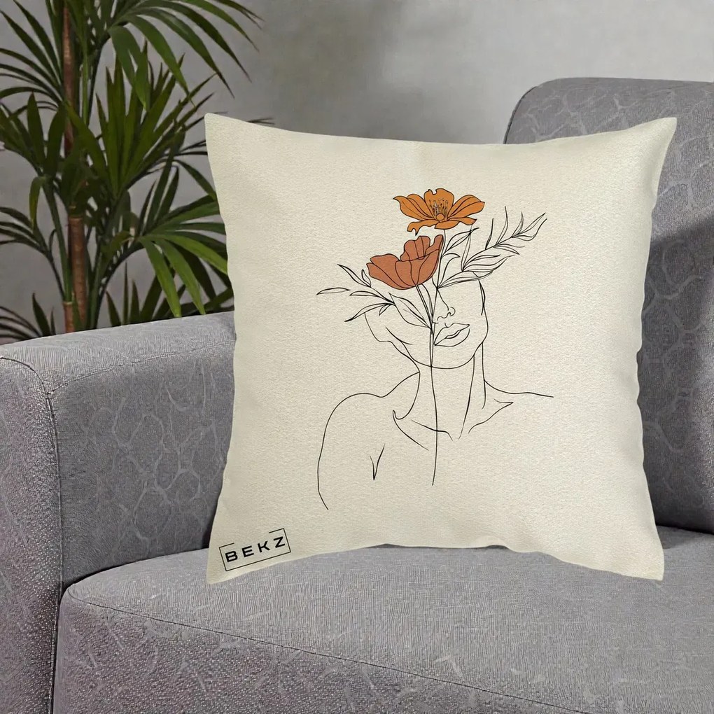 Perna Decorativa Portret Feminin Doua Flori, 40x40 cm, Ecru, Husa Detasabila, Perna Inclusa, BEKZ®