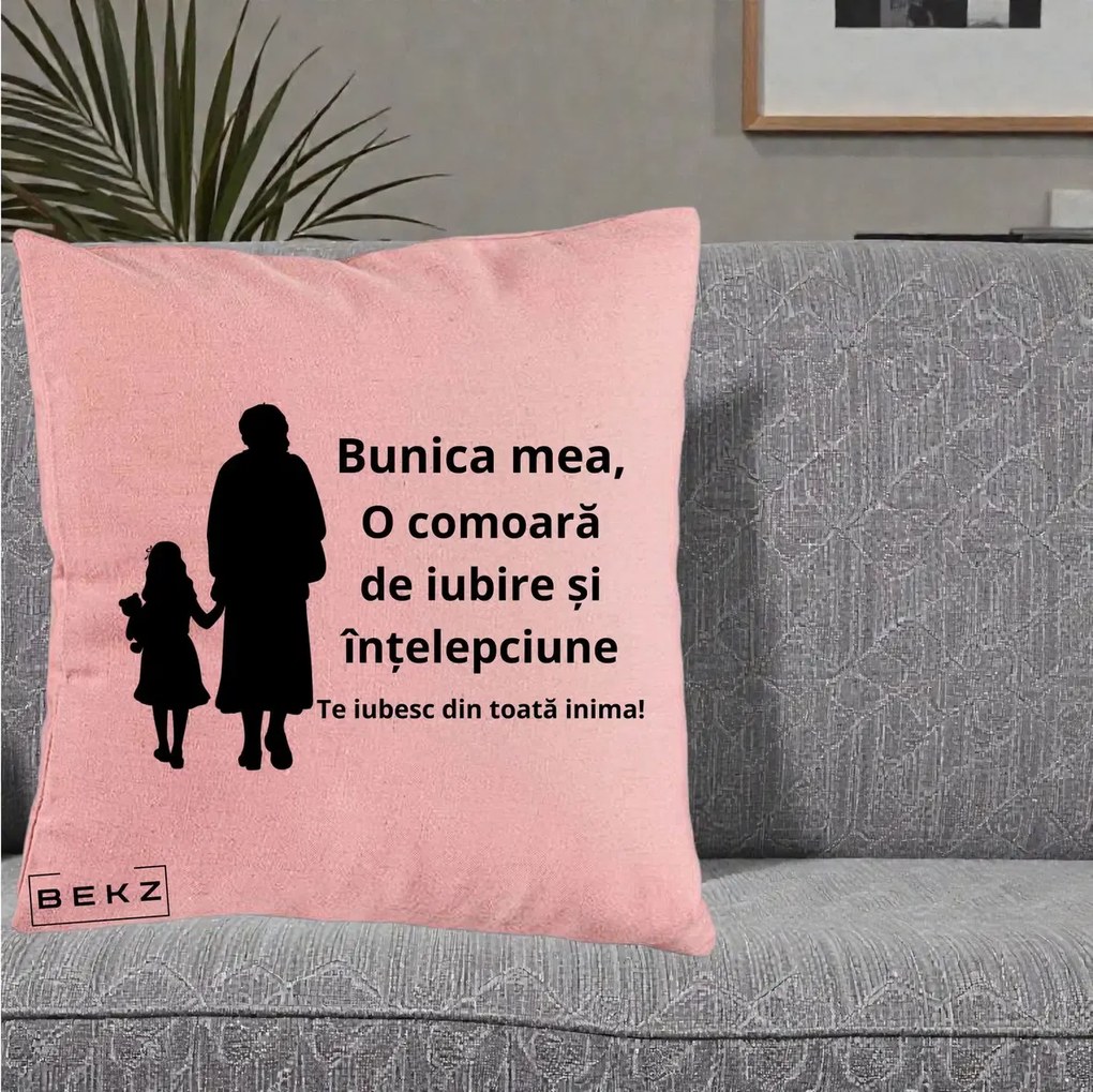 Cadou pentru Bunica - Perna Personalizata Bunica Mea Comoara Iubire Intelepciune Silueta, 40x40 cm, Roz, Husa Detasabila, Perna Inclusa, BEKZ®