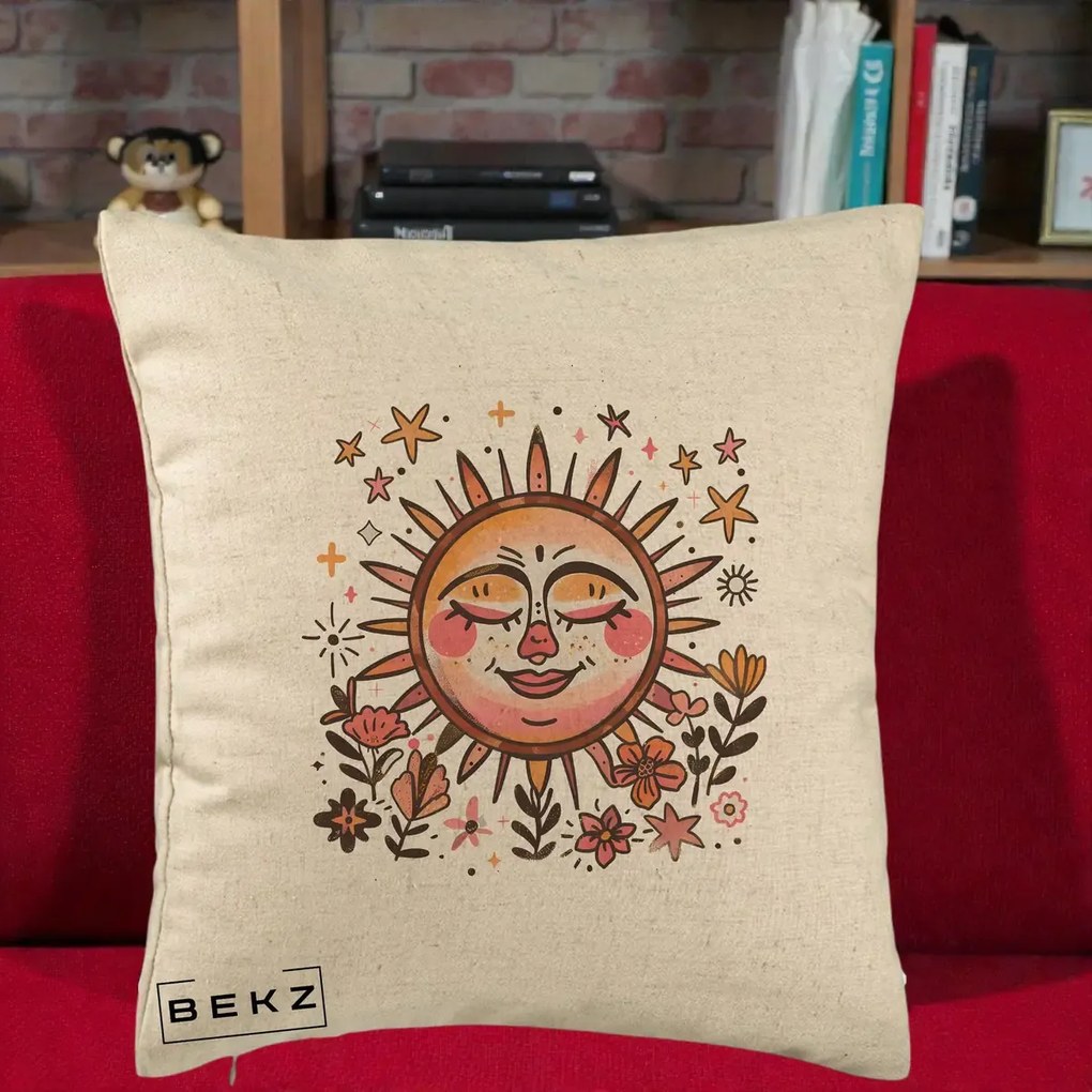 Perna Decorativa Soare Retro Boho Floral, 40x40 cm, Bej, Husa Detasabila, Perna Inclusa, BEKZ®