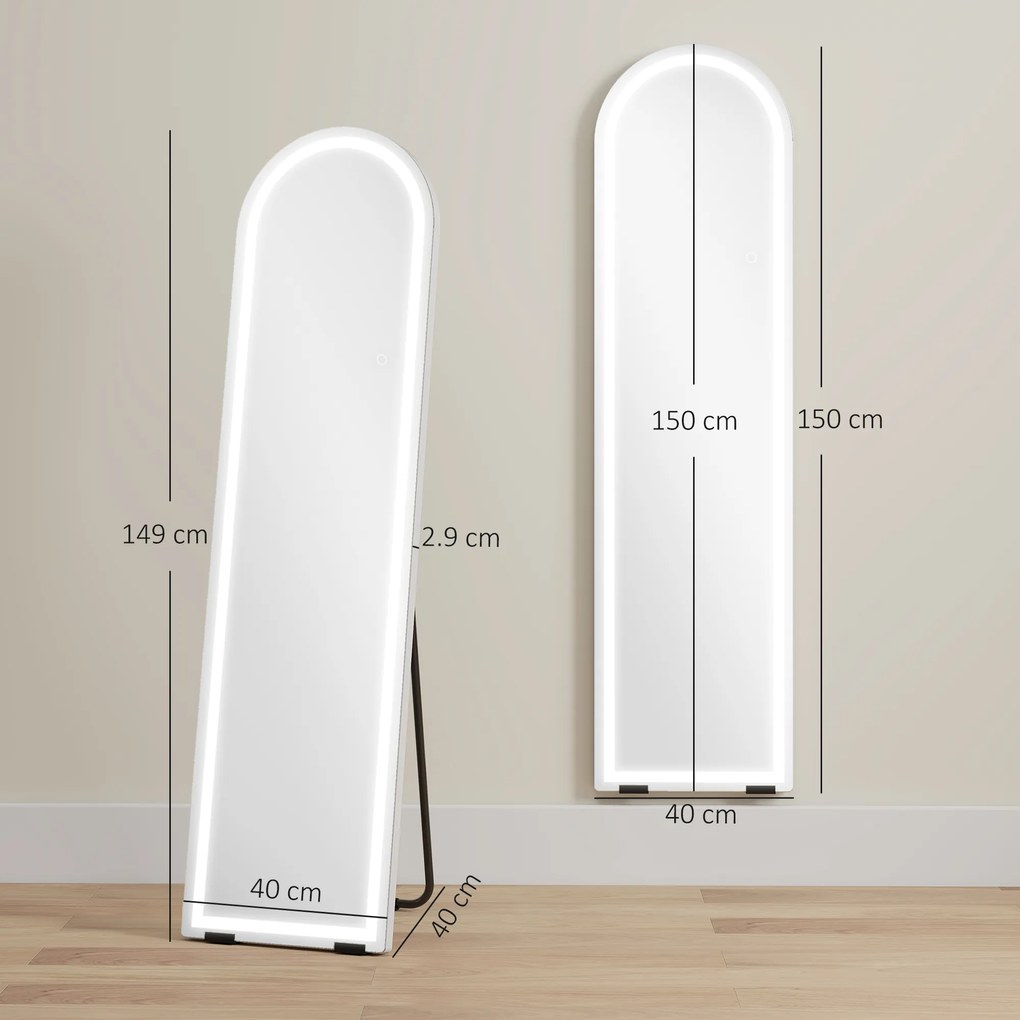 HOMCOM Oglindă de corp întreg cu lumini LED, 150 x 40 cm, arcuită, dimabilă, 3 culori de lumină, freestanding sau montare pe perete, Alb | Aosom Romania