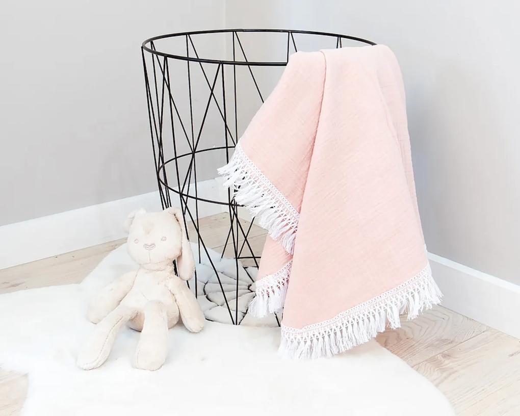 Baby Nellys Muslină de lux cu un singur strat pătură BOHO cu franjuri, 75 x 100 cm, roz 75 x 100