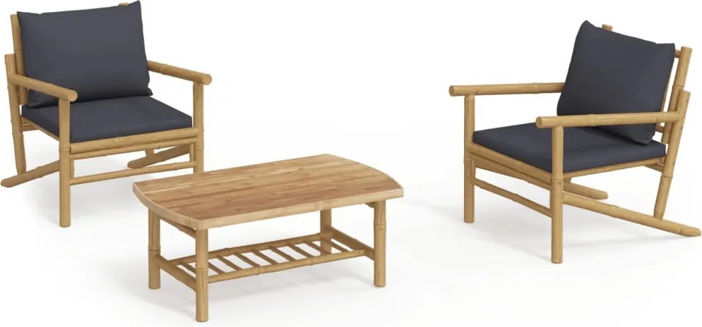 vidaXL Set mobilier de grădină, perne gri închis, 3 piese, bambus