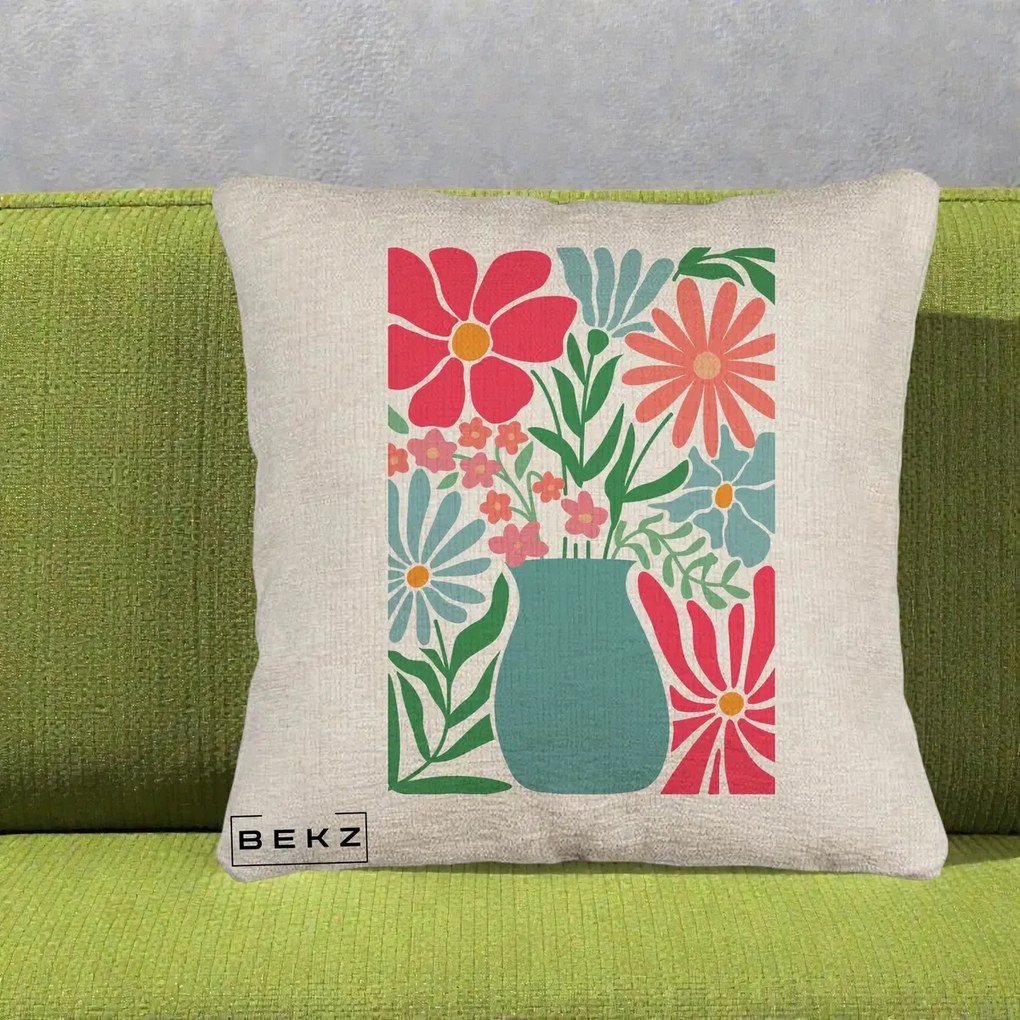 Perna Decorativa Flori in Vaza Turcoaz, 40x40 cm, Bej Canapea, Husa Detasabila, Perna Inclusa, BEKZ®