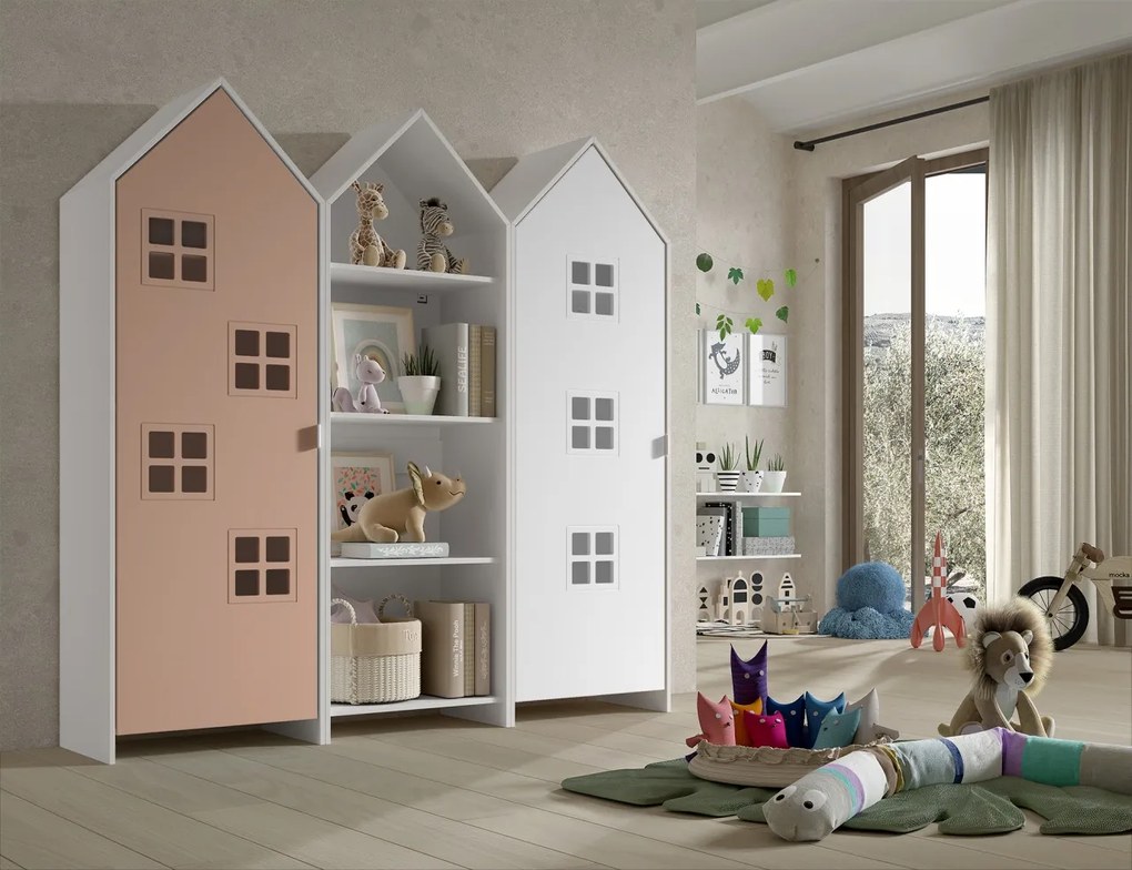 Set 3 dulapuri pentru copii Casami tip colibă de plajă – 1 deschis, 1 cu ușă Roz și 1 cu ușă albă – Vipack