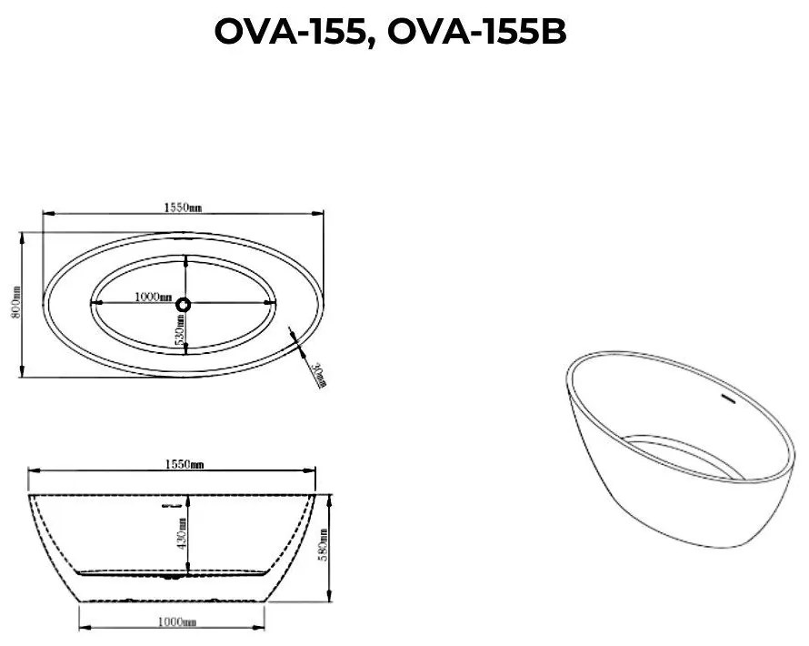 OVAL Cadă de baie freestanding, alb-negru, 155x80x58 cm