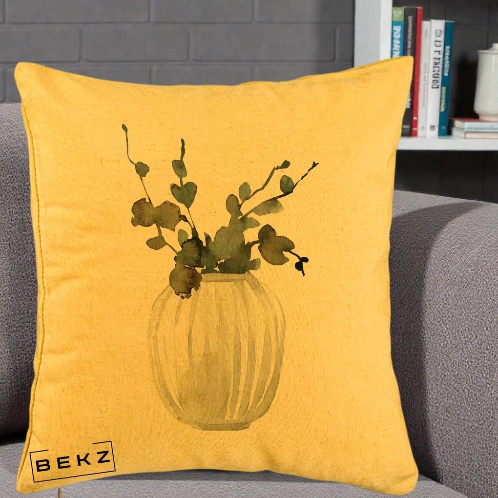 Perna Decorativa Vaza cu Eucalipt Watercolor, 40x40 cm, Galben, Husa Detasabila, Perna Inclusa, BEKZ®