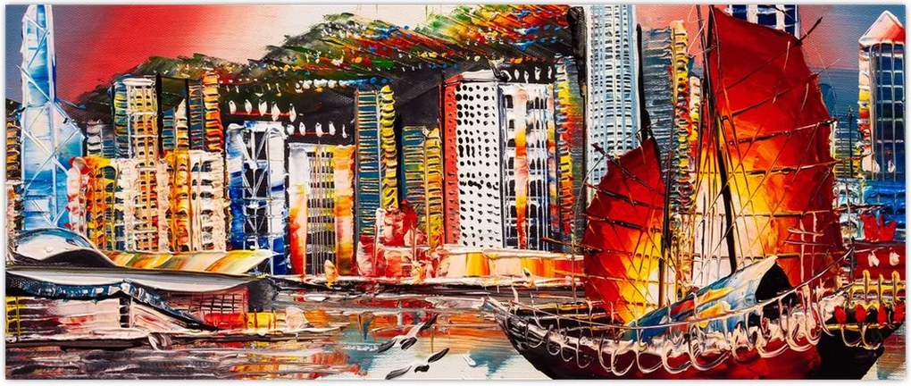 Tablou - Victoria Harbour, Hong Kong, pictură în ulei (120x50 cm)