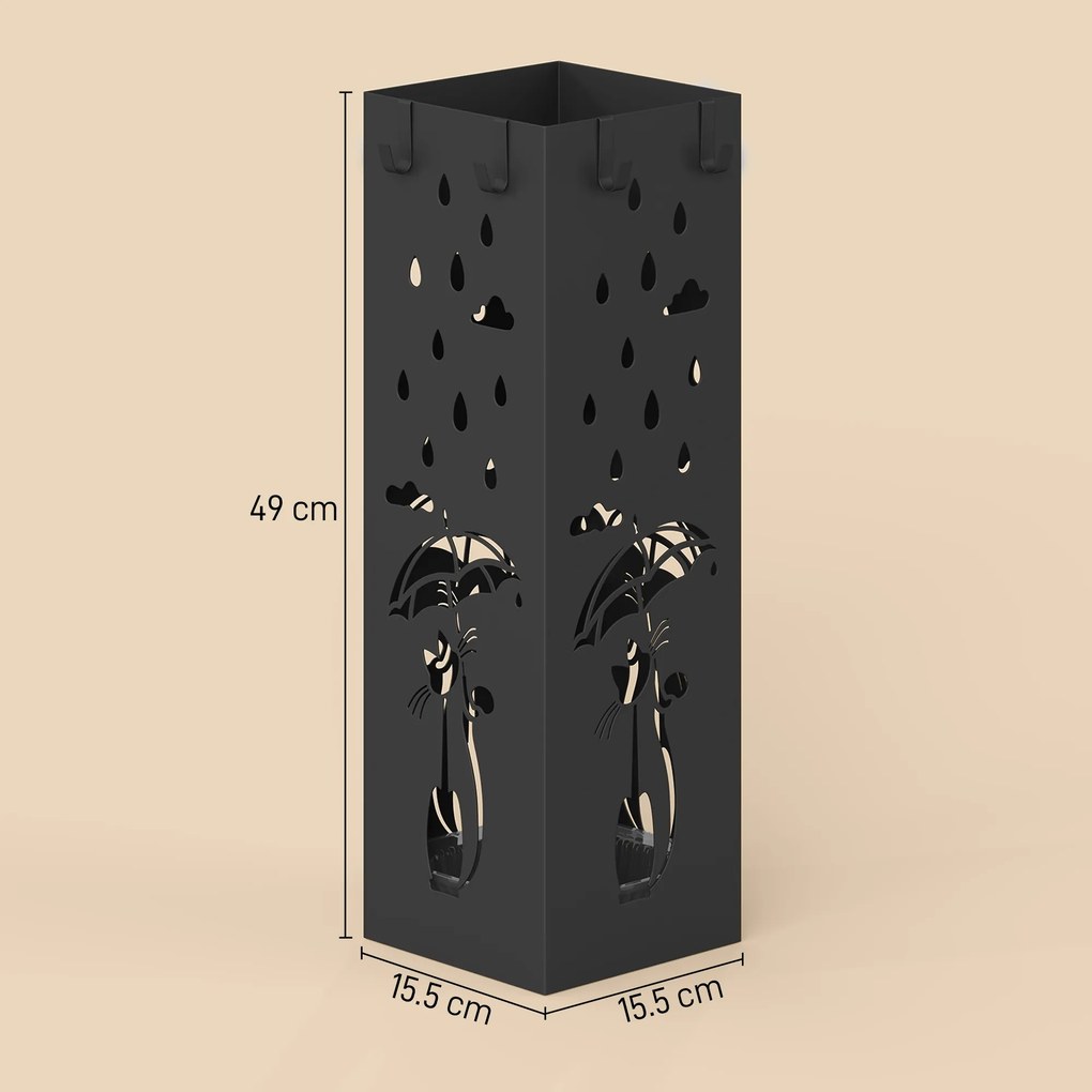 HOMCOM Suport de Umbrele Pătrat din Metal pentru Intrare, Suport Autoportant cu Tavă Detașabilă și 4 Cârlige, pentru Interior și Exterior, 15.5x15.5x49 cm, Negru | Aosom Romania