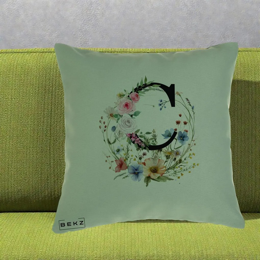 Cadou Personalizat - Perna Personalizata Monogram Litera C cu Flori Acuarela, 40x40 cm, Verde, Husa Detasabila, Perna Inclusa, BEKZ®