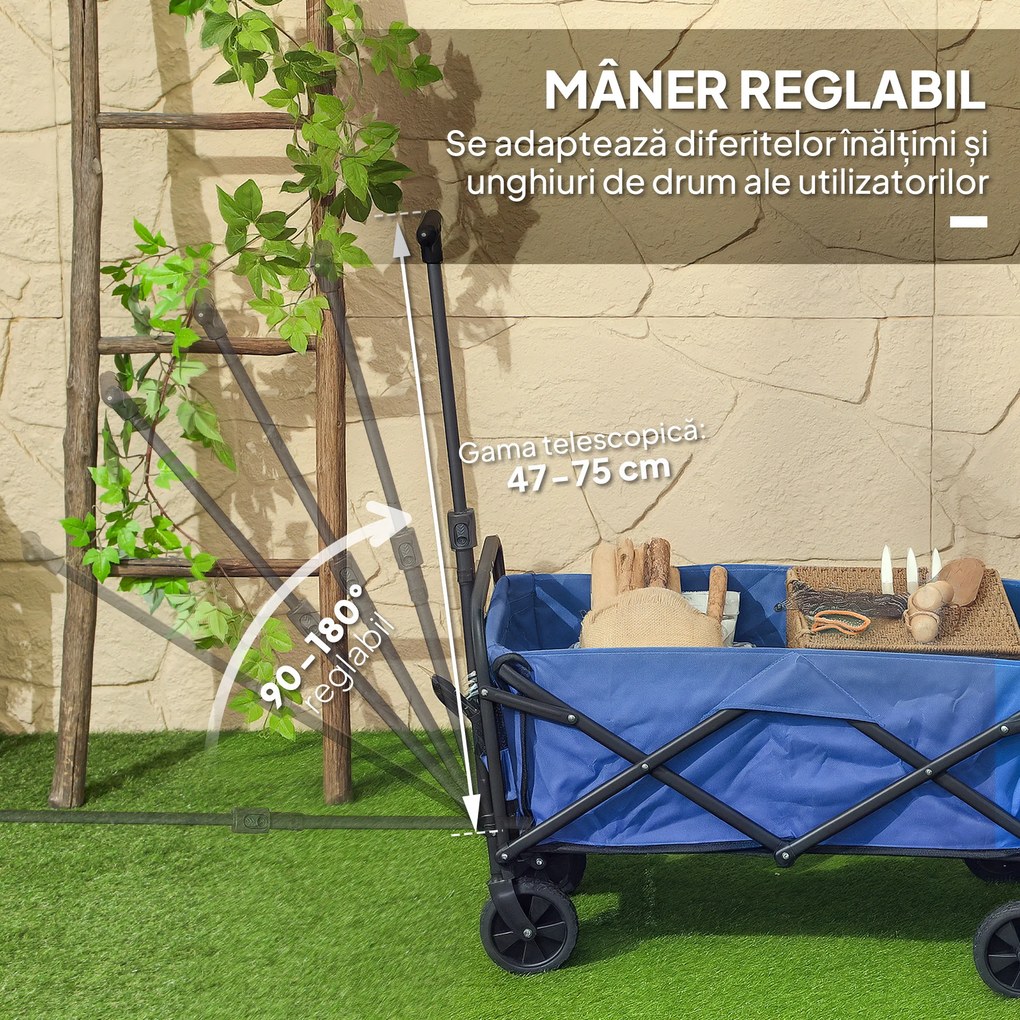 Outsunny Trolley de 62L pentru Festivaluri pe Roți, Cărucior de Grădină Pliabil, Wagon Compact cu Capacitate 120kg, Mâner Reglabil și Geantă pentru Plajă, Camping, Festivaluri, Albastru | Aosom Romania