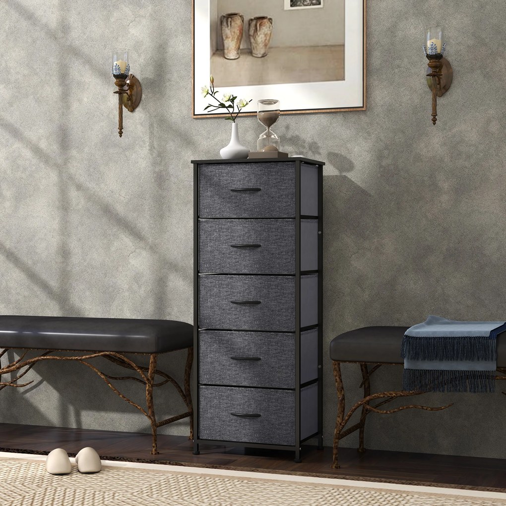 HOMCOM Comodă 5 sertare mobilier de depozitare sertar din material pliabil - structură din oțel negru - 45 x 30 x 116 cm gri închis | Aosom Romania