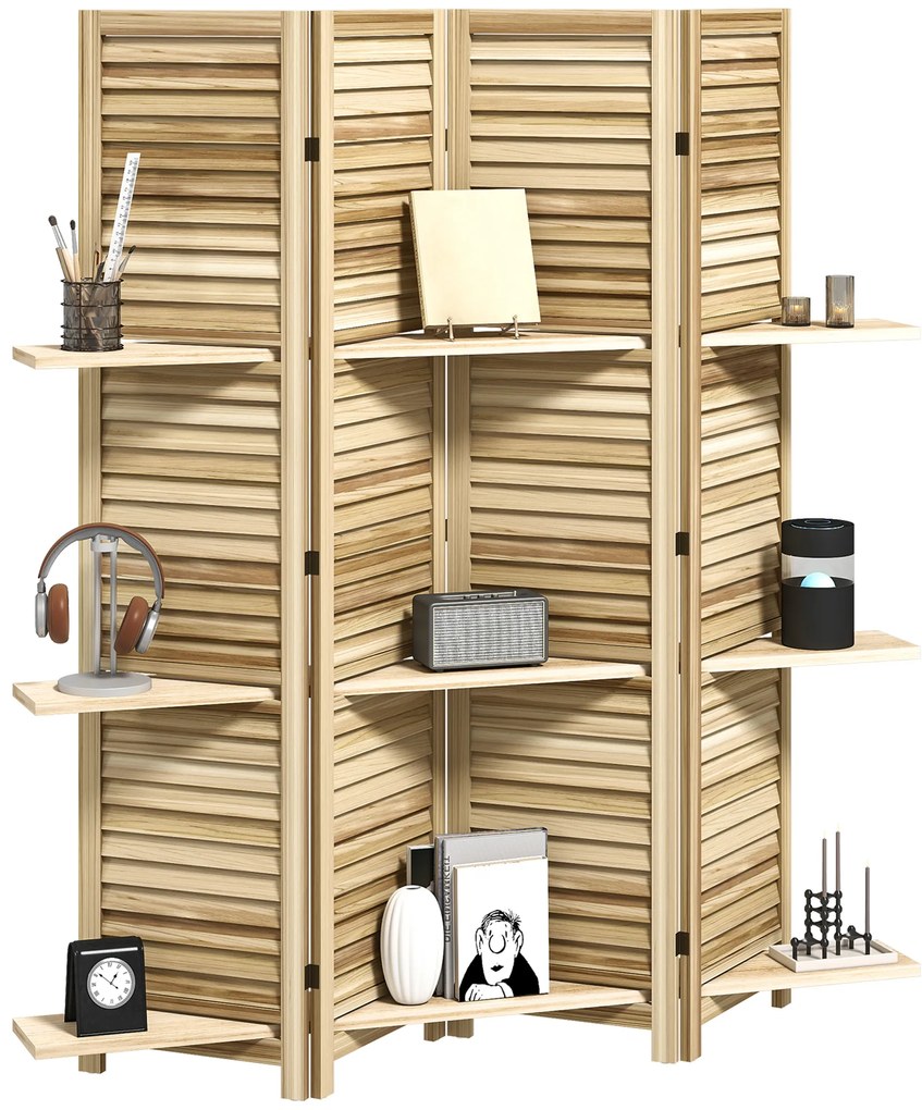 HOMCOM Paravan interior din lemn 4 panouri 160 x 170 cm, separator de cameră pliabil cu 3 rafturi, lemn natural | Aosom Romania
