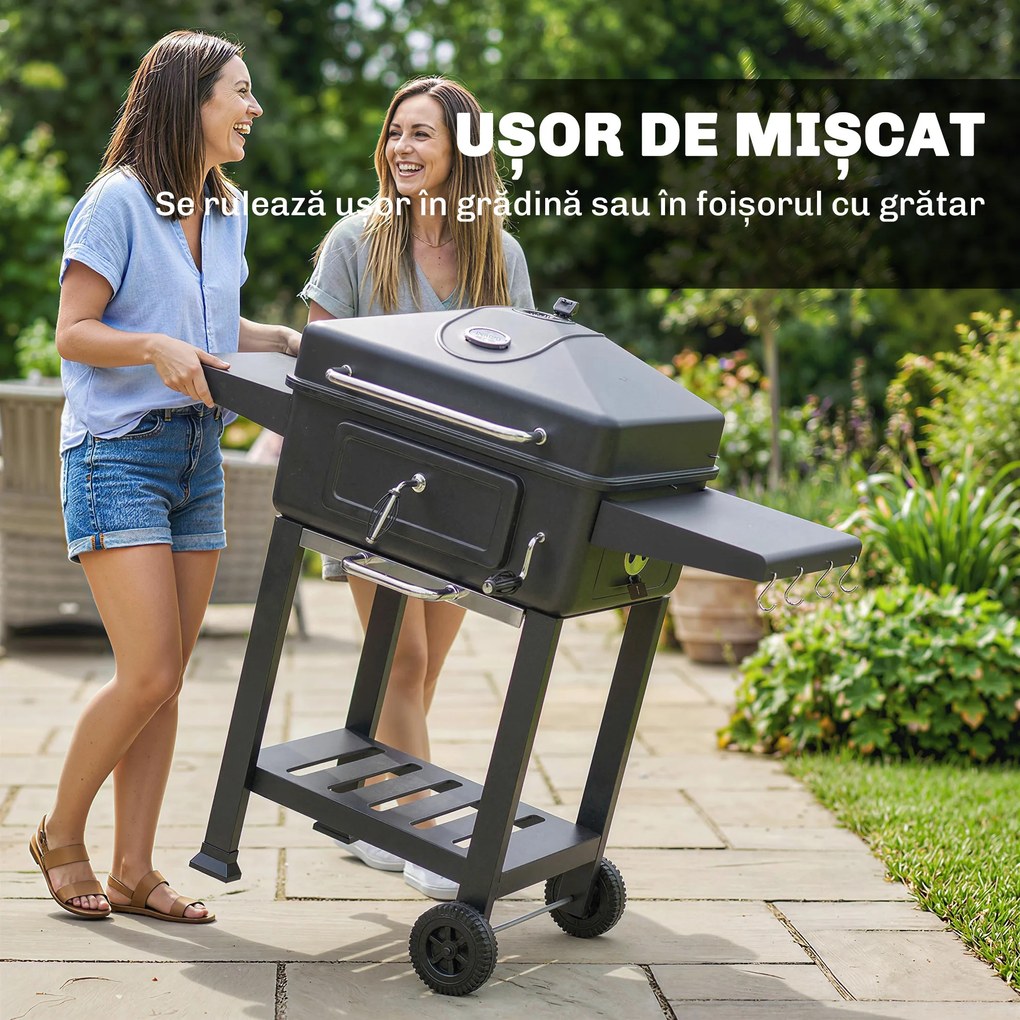 Outsunny Grătar pe Cărbune, Afumător Portabil cu Ventilație, Termometru și Rafturi Laterale, Negru | Aosom Romania