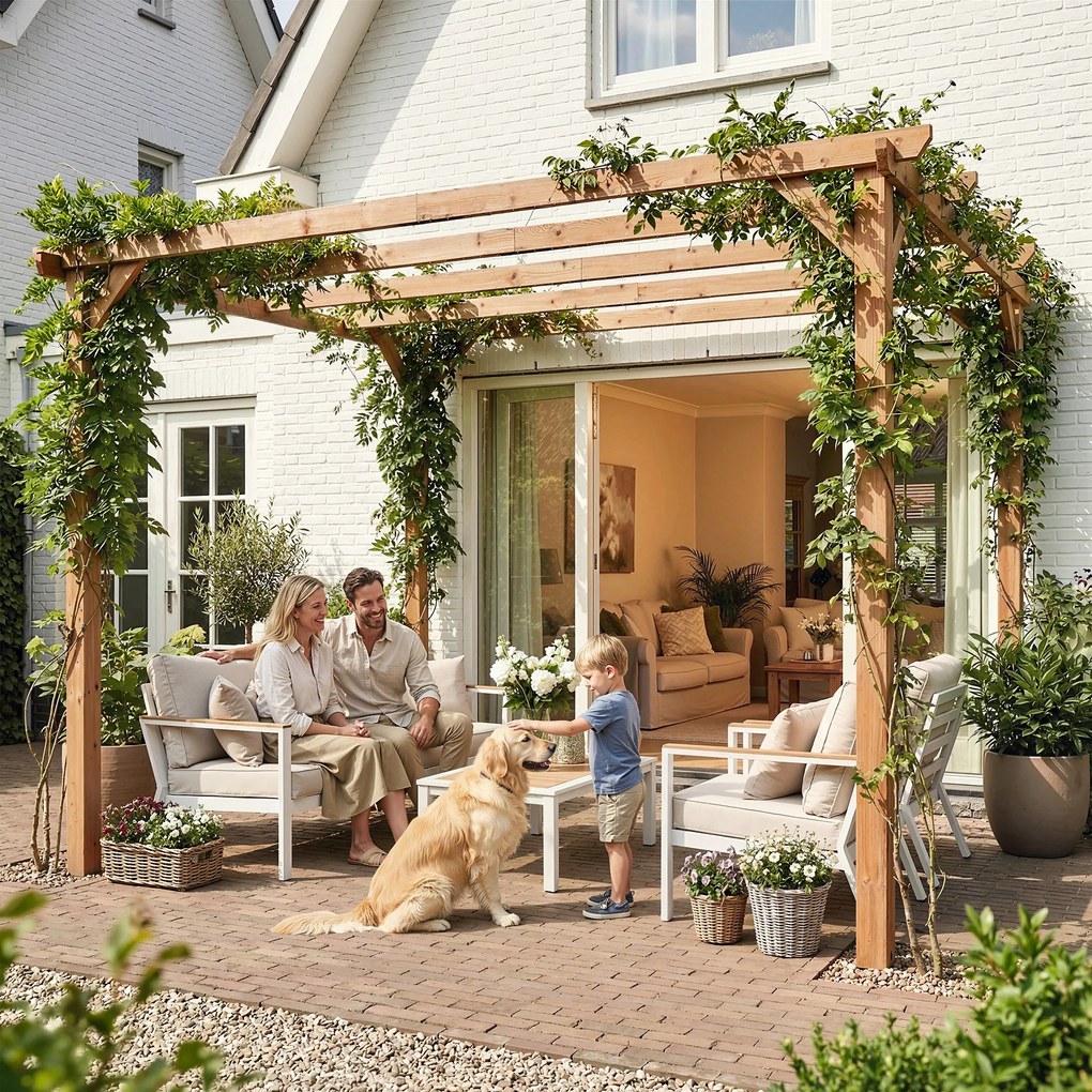 Outsunny Pergolă Gazebo 3x3 m din Lemn de Brad, Pergolă pentru Grădină cu Suporturi Triunghiulare și 5 Grinzi pentru Plante Cățărătoare, Pergolă din Lemn pentru Exterior, Patio, Terasă, Aspect Lemn de Arțar | Aosom Romania